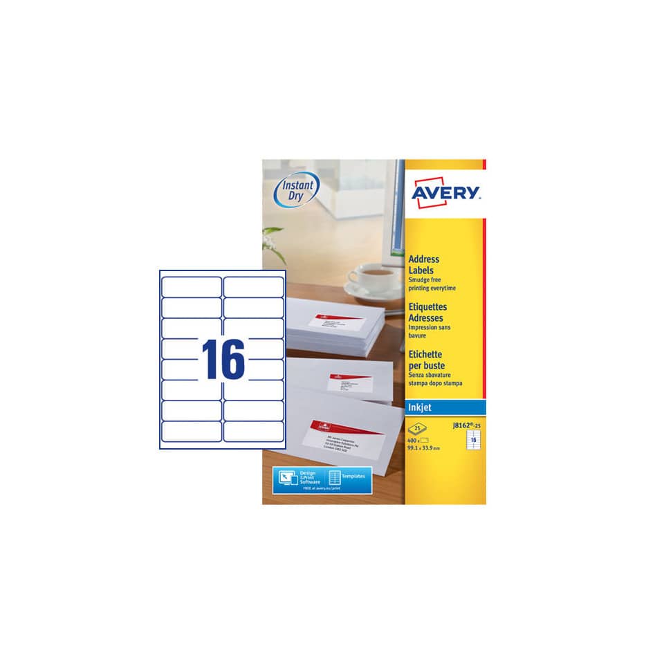 Etichette bianche per buste AVERY QuickDRY™ 99,1x33,9 mm - 16 et/foglio - stampanti inkjet - cf. 25 fogli J8162-25