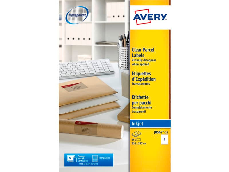 Etichette poliestere trasparenti opache AVERY QuickPEEL™ 210x297 mm - 1 et/foglio - inkjet conf. 25 ff J8567-25