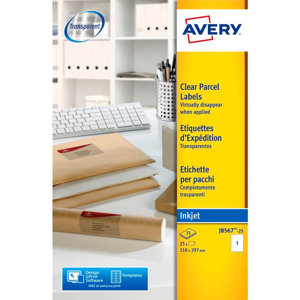 Etichette poliestere trasparenti opache AVERY QuickPEEL™ 210x297 mm - 1 et/foglio - inkjet conf. 25 ff J8567-25