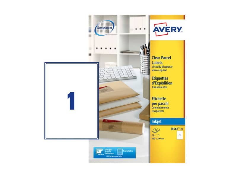 Etichette poliestere trasparenti opache AVERY QuickPEEL™ 210x297 mm - 1 et/foglio - inkjet conf. 25 ff J8567-25