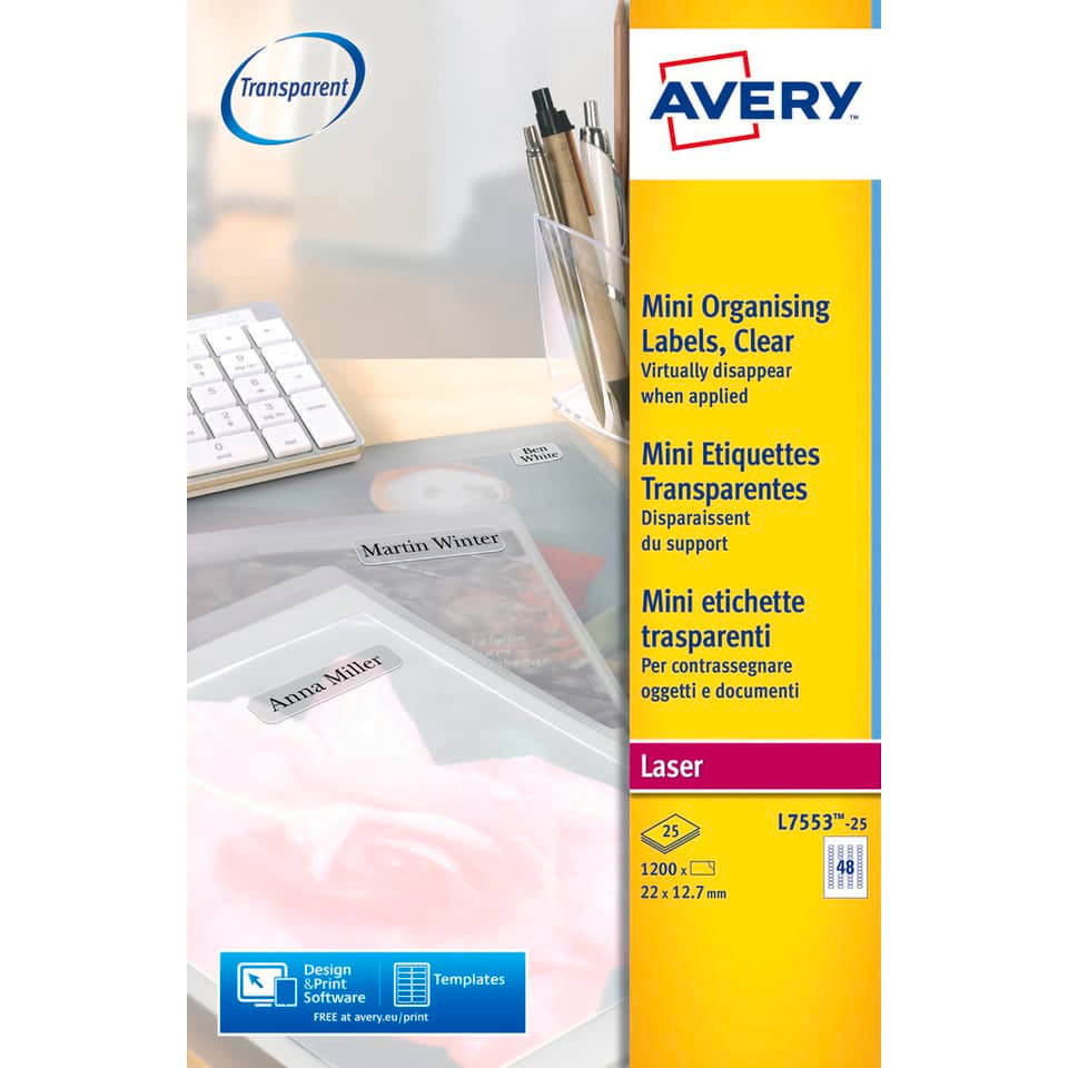 Etichette poliestere trasparenti lucide AVERY QuickPEEL™ 22x12,7 mm - 48 et/foglio - laser conf. 25 ff L7553-25