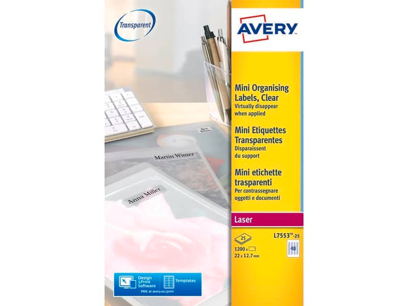 Etichette poliestere trasparenti lucide AVERY QuickPEEL™ 22x12,7 mm - 48 et/foglio - laser conf. 25 ff L7553-25