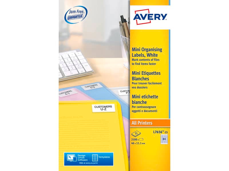 Mini etichette bianche per usi speciali Avery 46x11,1 mm - 84 et/foglio - stampanti laser conf. 25 fogli L7656-25