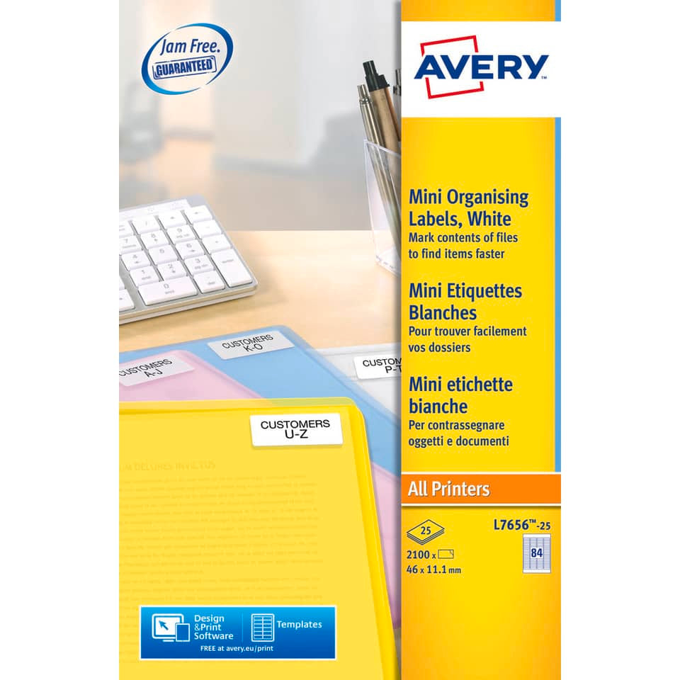 Mini etichette bianche per usi speciali Avery 46x11,1 mm - 84 et/foglio - stampanti laser conf. 25 fogli L7656-25