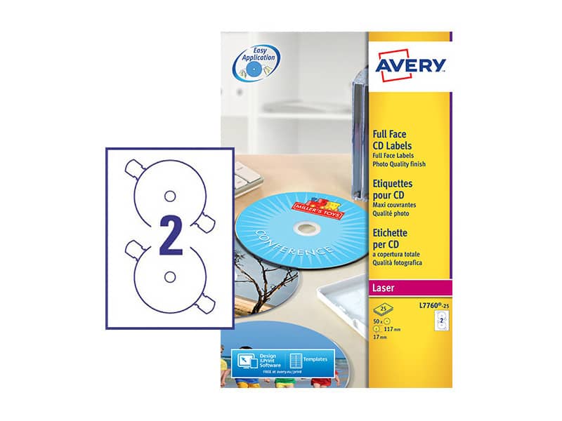 Etichette per CD AVERY bianche lucide Ø 117 mm - 2 et/foglio - per Laser - copertura totale - cf. 25 fogli L7760-25