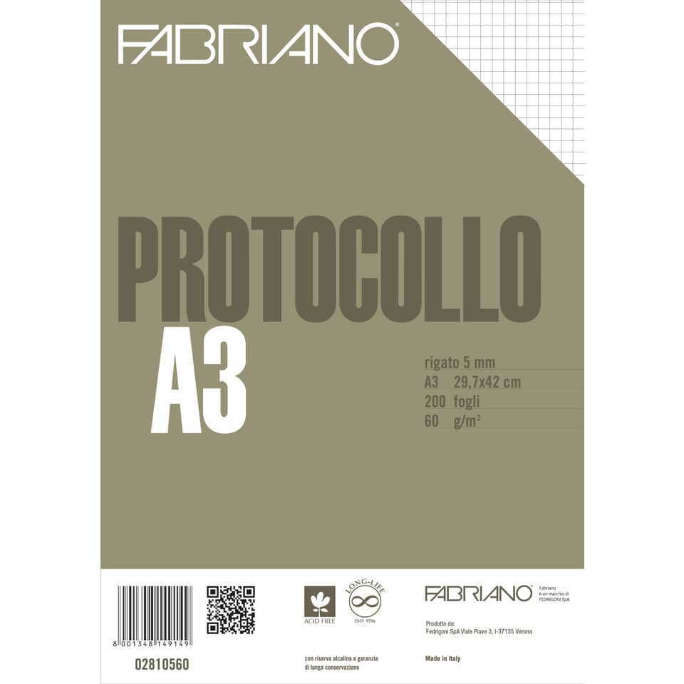 Fogli protocollo Fabriano PROTOCOLLO bianco 60 g/m² 29,7x42 cm quadretti 5 mm conf. da 200 fogli - 02810560