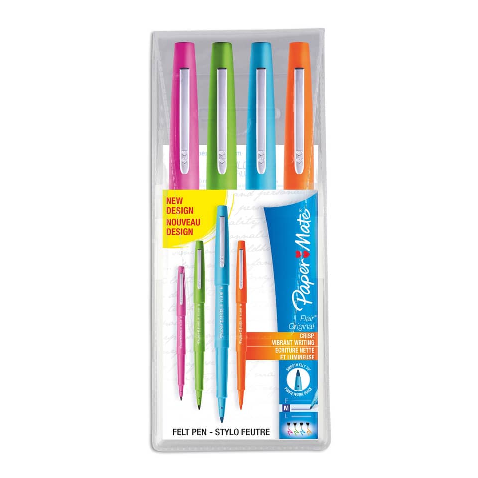 Penne punta fibra Paper Mate Flair/Nylon M 1,1 mm assortiti (turchese, arancione, magenta, viola)  set da 4 - S0697071