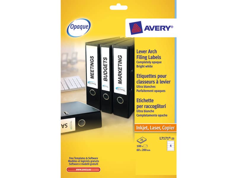 Etichette bianche per raccoglitori Avery QuickDRY™ 60x200 mm - 4 et/foglio - stampanti inkjet - cf 25 fogli J8171-25