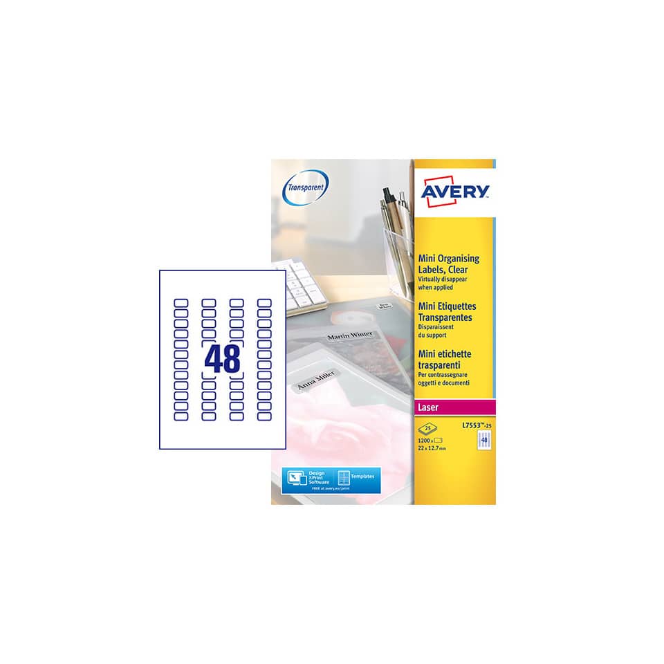 Etichette poliestere trasparenti lucide AVERY QuickPEEL™ 22x12,7 mm - 48 et/foglio - laser conf. 25 ff L7553-25