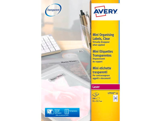 Etichette poliestere trasparenti lucide AVERY QuickPEEL™ 55x12,7 mm - 20 et/foglio - laser conf. 25 ff L7552-25
