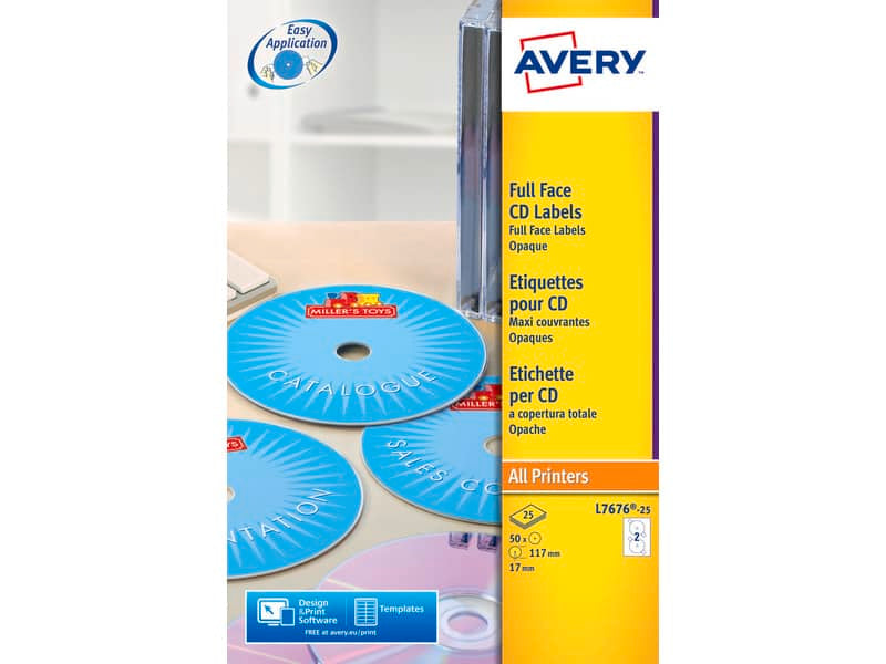 Etichette per CD AVERY finitura coprente Ø 117 mm - 2 et/foglio - per Laser - bianche - conf. 25 fogli - L7676-25