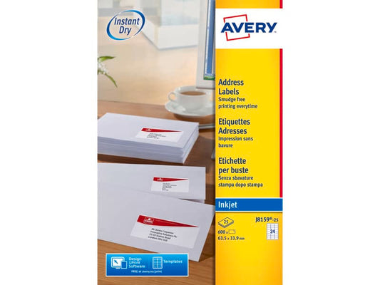 Etichette bianche per buste AVERY QuickDRY™ 63,5x33,9 mm - 24 et/foglio - stampanti inkjet - cf. 25 fogli J8159-25