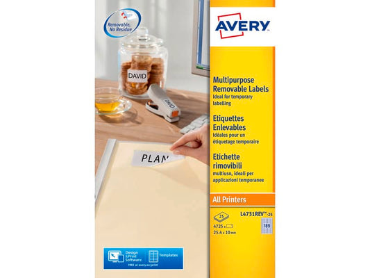 Etichette bianche rimovibili AVERY 25,4x10 mm - 189 et/foglio - stampanti laser/inkjet Conf. 25 fogli L4731REV-25
