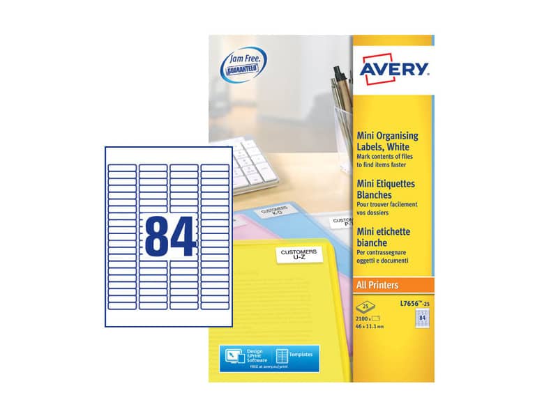 Mini etichette bianche per usi speciali Avery 46x11,1 mm - 84 et/foglio - stampanti laser conf. 25 fogli L7656-25
