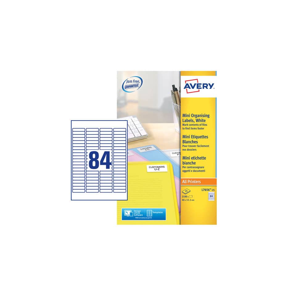 Mini etichette bianche per usi speciali Avery 46x11,1 mm - 84 et/foglio - stampanti laser conf. 25 fogli L7656-25