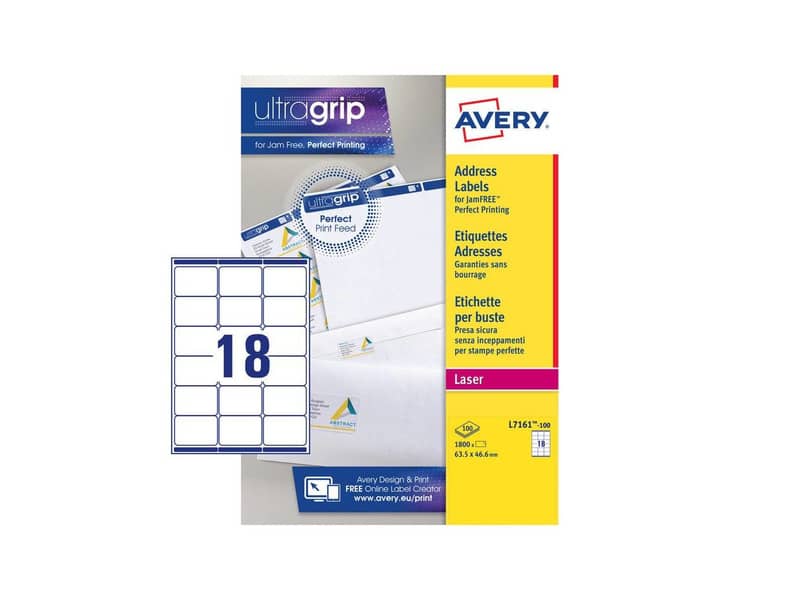 Etichette bianche per indirizzi AVERY Ultragrip™ 63,5x46,6 mm - 18 et/foglio - stampanti laser cf. 100 fogli L7161-100