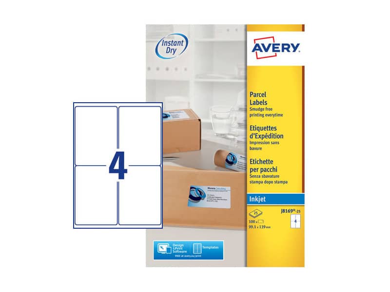 Etichette bianche per pacchi AVERY QuickDRY™ 99,1x139 mm - 4 et/foglio - stampanti inkjet - cf. 25 fogli J8169-25