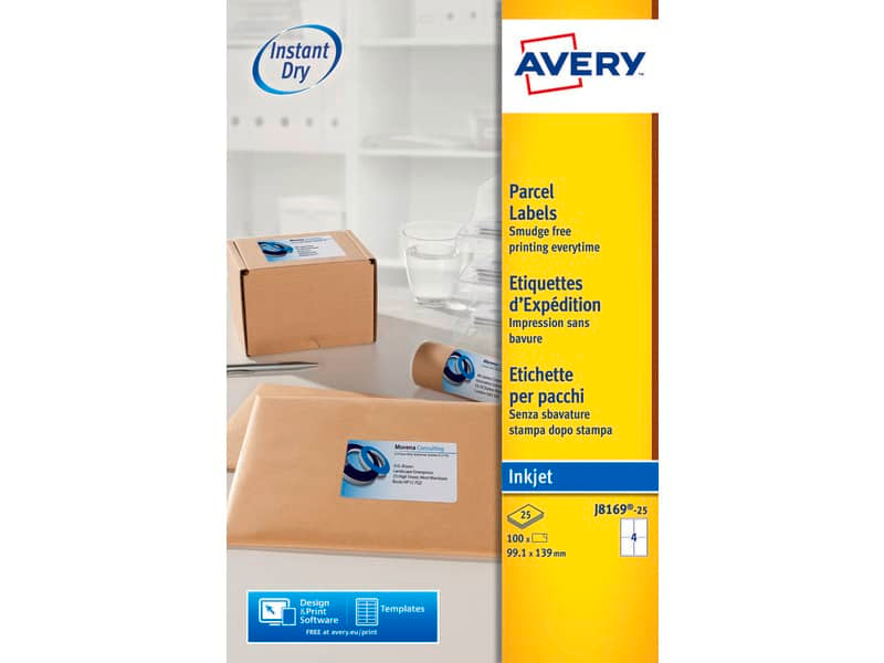 Etichette bianche per pacchi AVERY QuickDRY™ 99,1x139 mm - 4 et/foglio - stampanti inkjet - cf. 25 fogli J8169-25