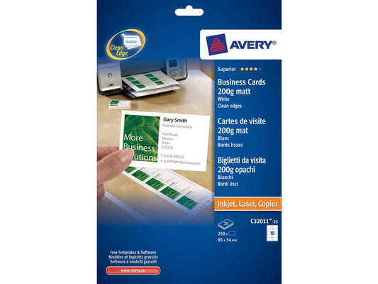 Biglietti da visita personalizzabili Avery Quick&Clean™ 85x54 mm 10/foglio opachi per laser - conf. 25 ff C32011-25