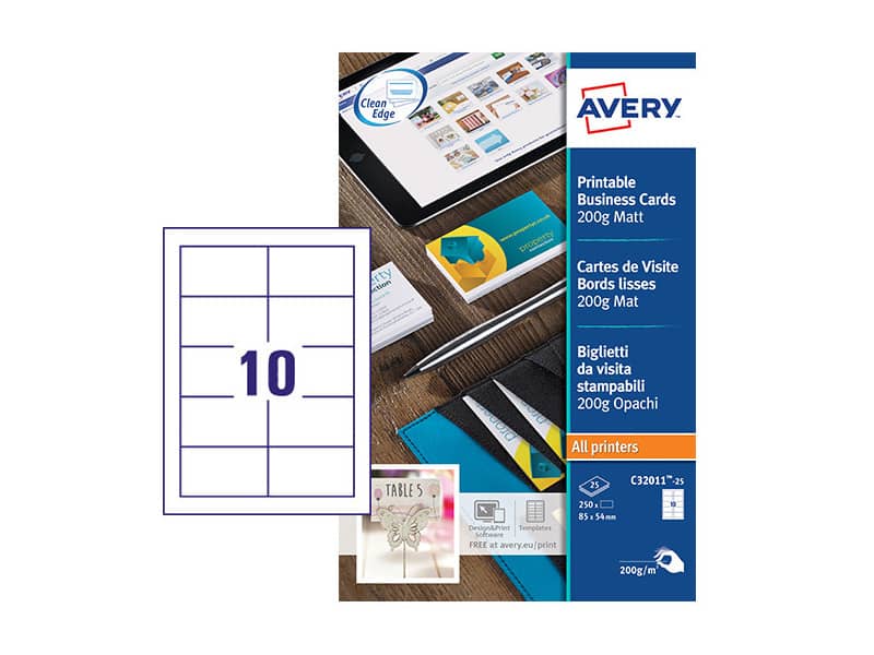 Biglietti da visita personalizzabili Avery Quick&Clean™ 85x54 mm 10/foglio opachi per laser - conf. 25 ff C32011-25