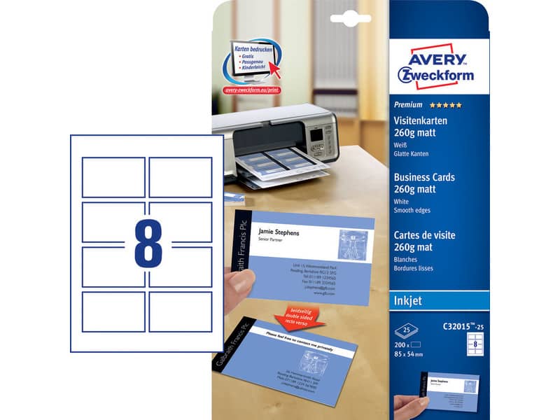 Biglietti da visita personalizzabili Avery Quick&Clean™ 85x54 mm 8/foglio patinati per inkjet - cf 25 ff C32015-25