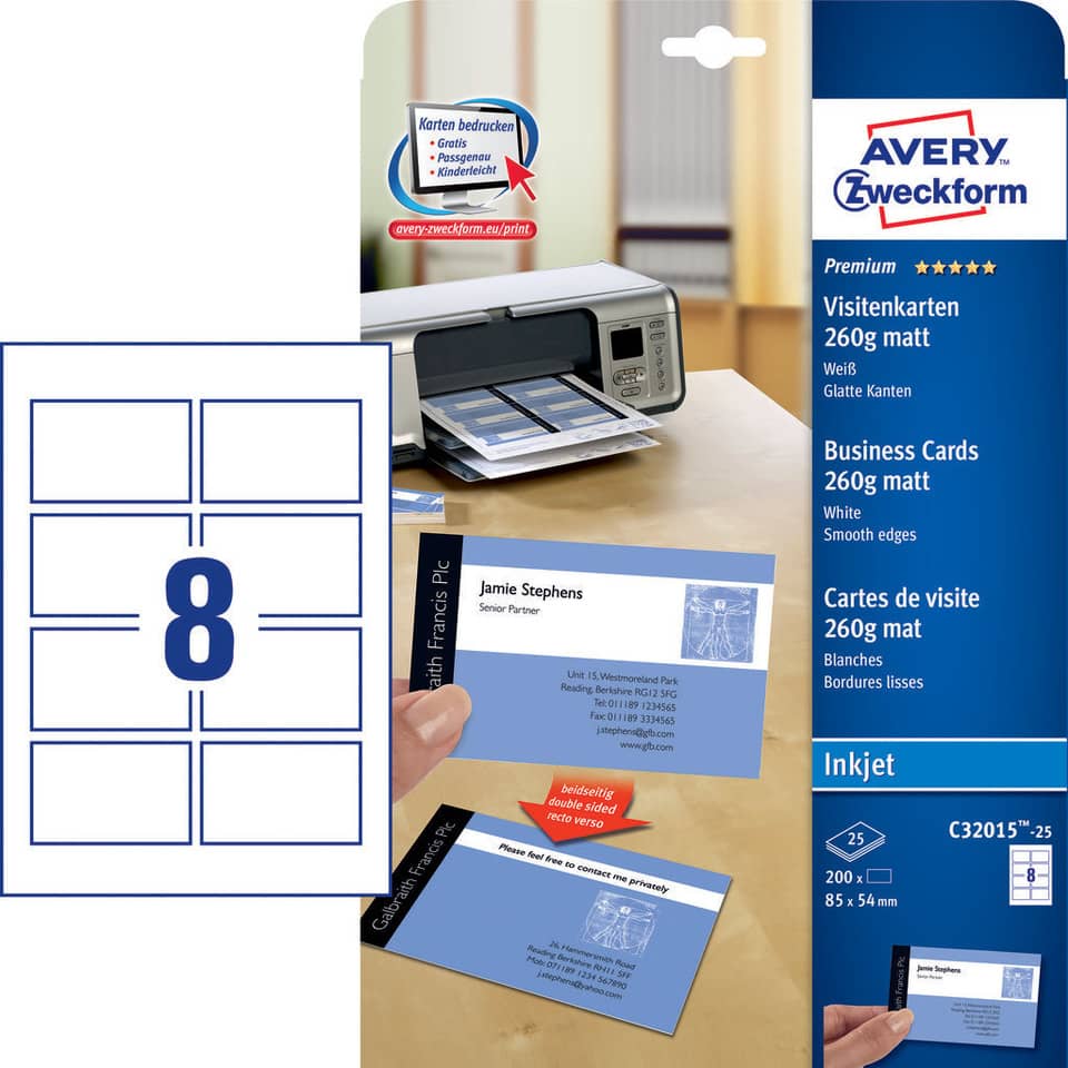 Biglietti da visita personalizzabili Avery Quick&Clean™ 85x54 mm 8/foglio patinati per inkjet - cf 25 ff C32015-25