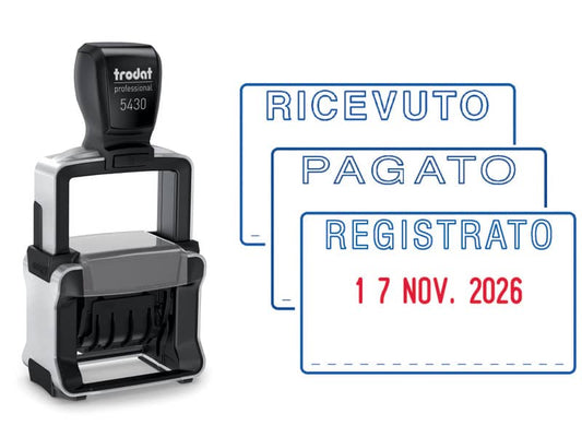 Datario autoinchiostrante Trodat Professional 5430/L con testo RICEVUTO - PAGATO - REGISTRATO 41x24 mm blu-rosso