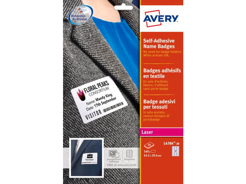 Badge adesivi in seta acetata AVERY 63,5x29,6 mm 20 fogli - L4784-20