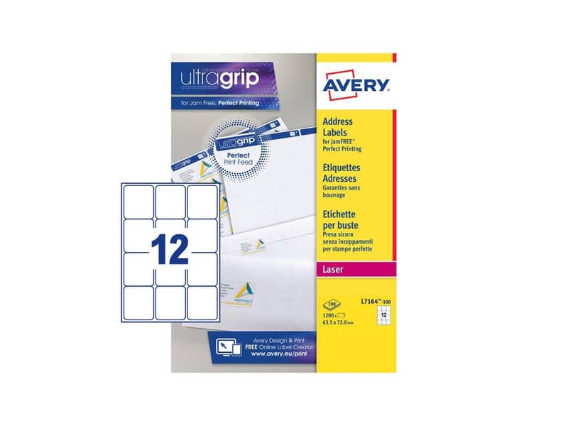 Etichette bianche per indirizzi AVERY Ultragrip™ 63,5x72 mm - 12 et/foglio - stampanti laser cf. 100 fogli L7164-100