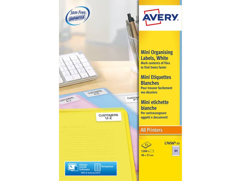 Mini etichette bianche per usi speciali Avery 46x11,1 mm - 84 et/foglio - stampanti laser conf. 15 fogli L7656-15