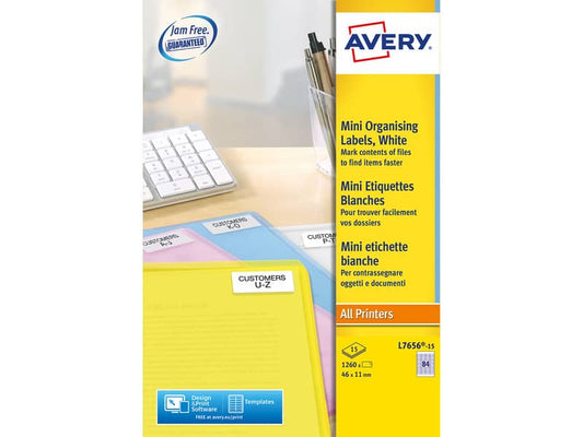 Mini etichette bianche per usi speciali Avery 46x11,1 mm - 84 et/foglio - stampanti laser conf. 15 fogli L7656-15