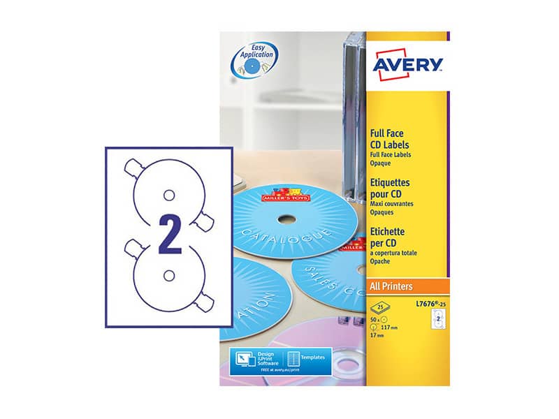 Etichette per CD AVERY finitura coprente Ø 117 mm - 2 et/foglio - per Laser - bianche - conf. 25 fogli - L7676-25