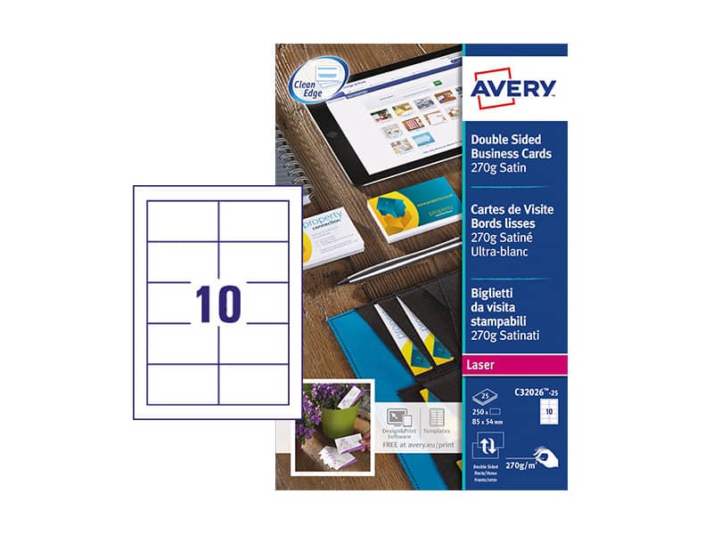 Biglietti da visita personalizzabili Avery Quick&Clean™ 85x54 mm 10/foglio satinati - laser - cf. 25 ff C32026-25