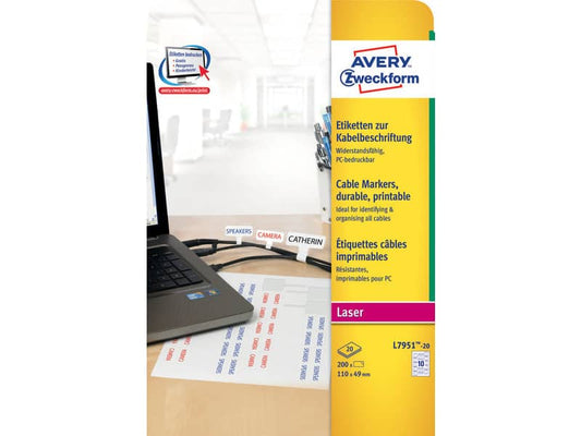 Etichette permanenti per cavi AVERY poliestere 110x49 mm - 10 et/foglio - stampanti laser - cf. 20 fogli L7951-20