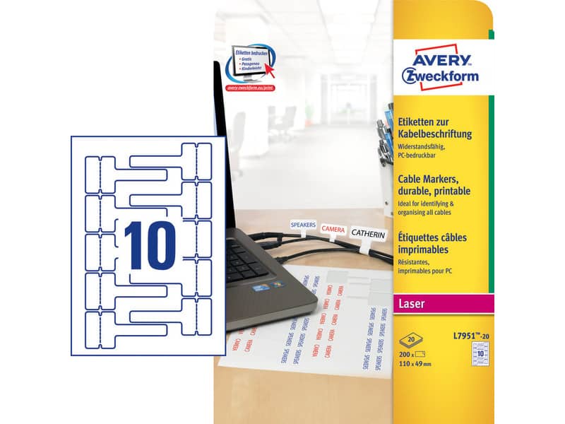 Etichette permanenti per cavi AVERY poliestere 110x49 mm - 10 et/foglio - stampanti laser - cf. 20 fogli L7951-20
