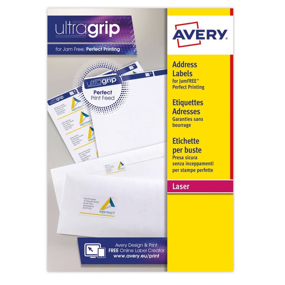 Etichette bianche per indirizzi AVERY Ultragrip™ 99,1x33,9 mm - 16 et/foglio - stampanti laser - cf. 15 fogli L7162-15