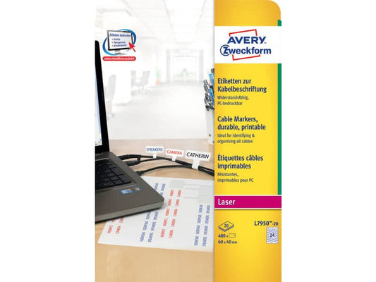 Etichette permanenti per cavi AVERY poliestere 60x40 mm - 24 et/foglio - stampanti laser - cf. 20 fogli L7950-20