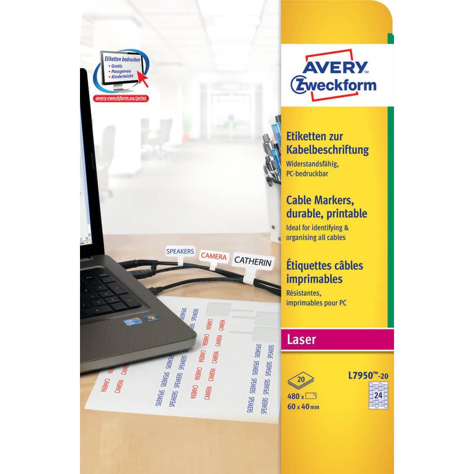 Etichette permanenti per cavi AVERY poliestere 60x40 mm - 24 et/foglio - stampanti laser - cf. 20 fogli L7950-20