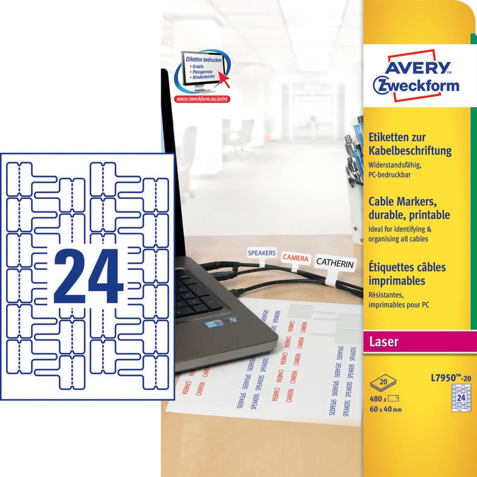 Etichette permanenti per cavi AVERY poliestere 60x40 mm - 24 et/foglio - stampanti laser - cf. 20 fogli L7950-20