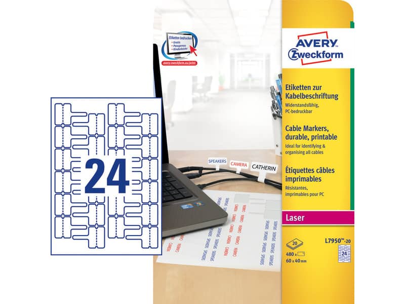 Etichette permanenti per cavi AVERY poliestere 60x40 mm - 24 et/foglio - stampanti laser - cf. 20 fogli L7950-20