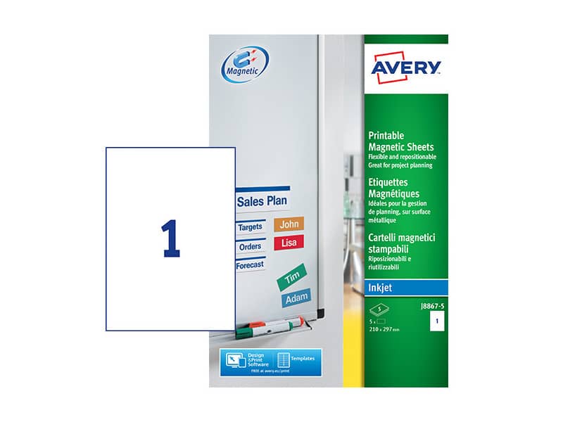 Etichette magnetiche riposizionabili bianche Avery 210x297 mm - 1 et/foglio - stampanti inkjet - conf. 5 fogli J8867-5