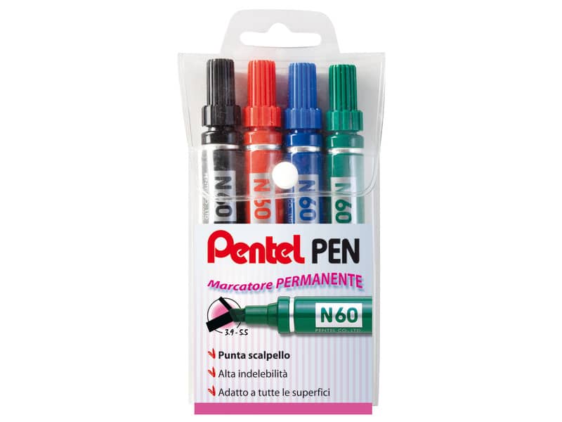 Marcatore permanente Pentel N60 con punta a scalpello 3,9/5,7 mm assortiti 4 pezzi - 0050504