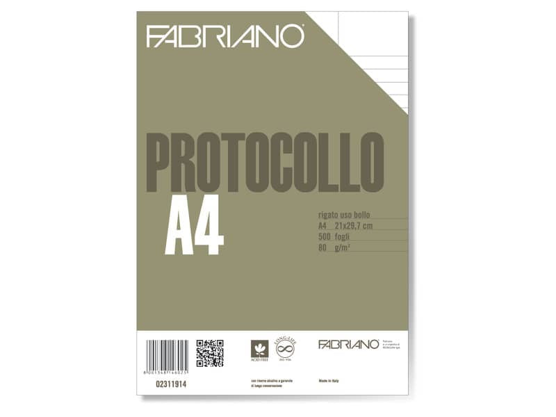Fogli protocollo Fabriano PROTOCOLLO bianco 80 g/m² 21x29,7 cm rigato uso bollo  conf. da 500 fogli - 02311914