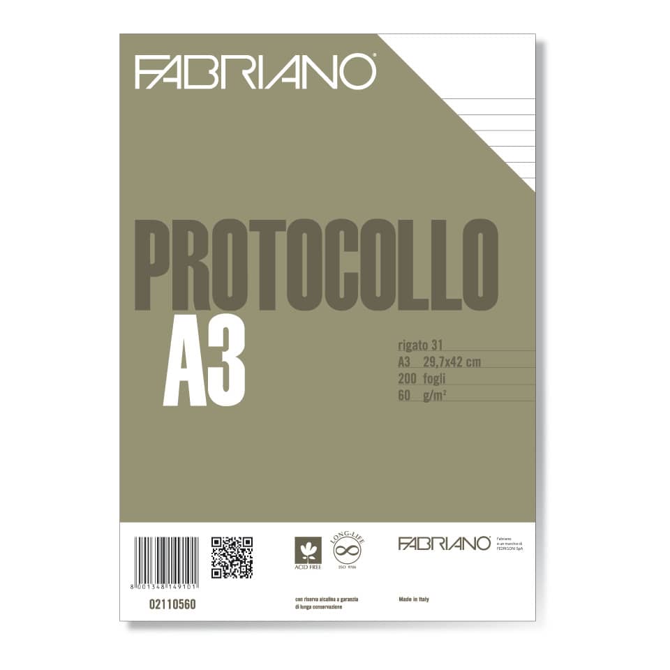 Fogli protocollo Fabriano PROTOCOLLO bianco 60 g/m² 29,7x42 cm rigato a 31 conf. da 200 fogli - 02110560