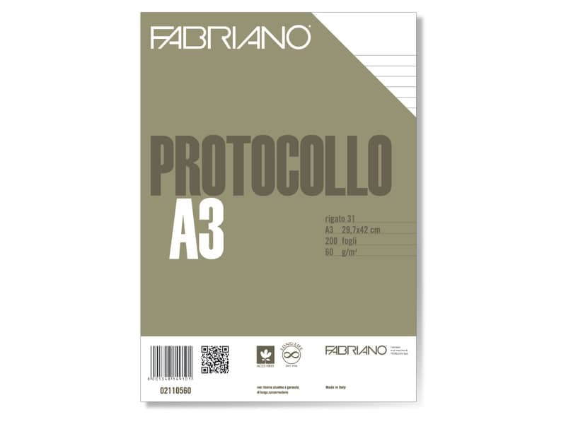 Fogli protocollo Fabriano PROTOCOLLO bianco 60 g/m² 29,7x42 cm rigato a 31 conf. da 200 fogli - 02110560