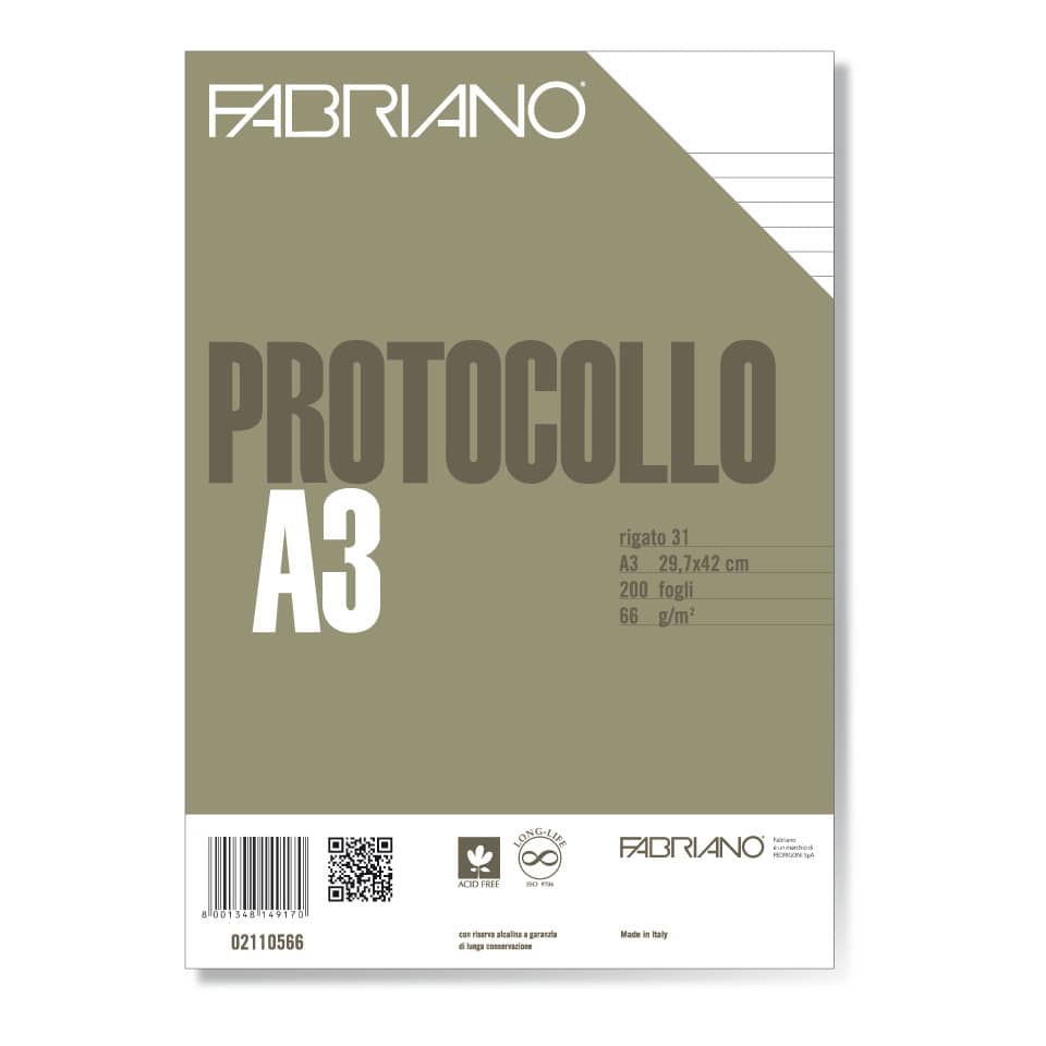 Fogli protocollo Fabriano PROTOCOLLO bianco 66 g/m² 29,7x42 cm rigato a 31 conf. da 200 fogli - 02110566