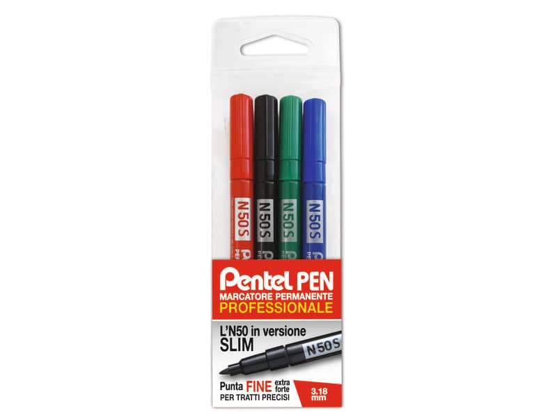 Marcatore permanente Pentel N50 Slim punta conica 3,18 mm assortiti 4 pezzi - 0022066