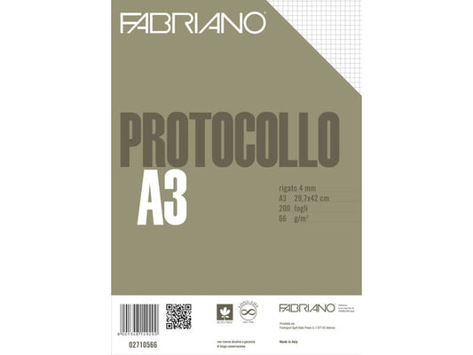 Fogli protocollo Fabriano PROTOCOLLO bianco 66 g/m² 29,7x42 cm quadretti 4 mm conf. da 200 fogli - 02710566