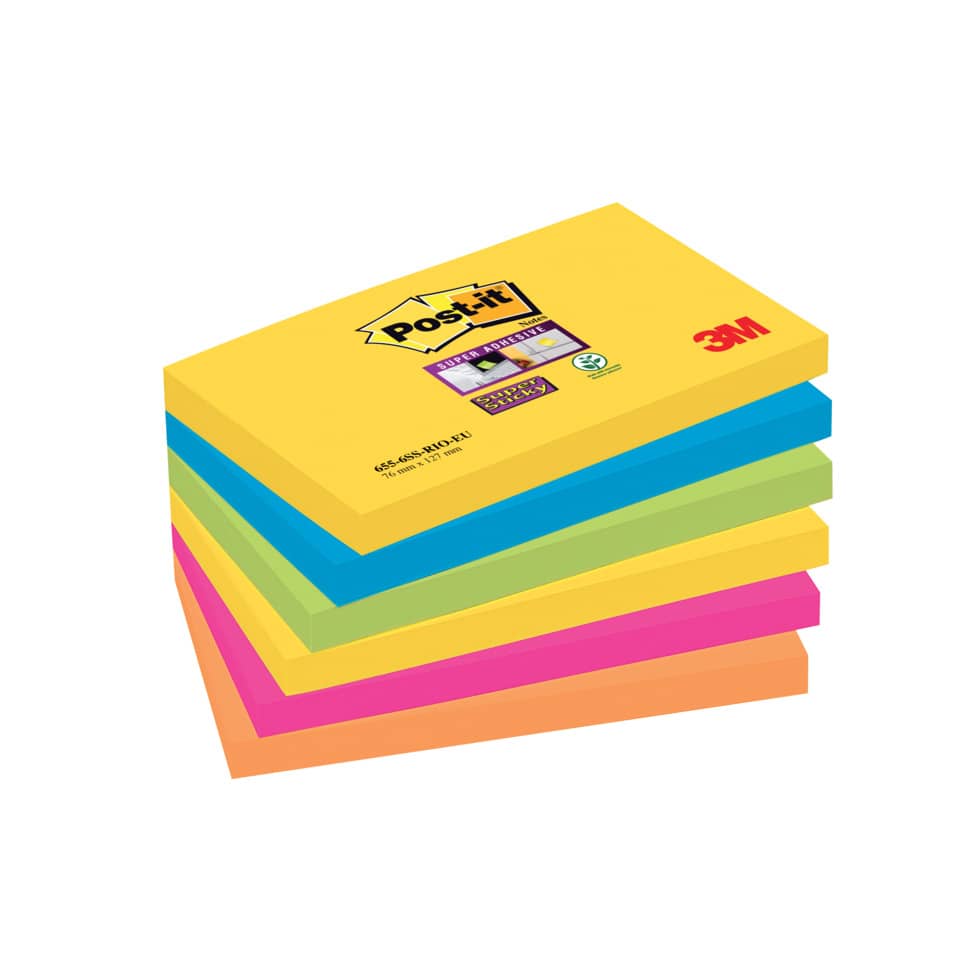 Foglietti riposizionabili Post-it® Super Sticky Rio de Janeiro 76x127mm assortiti conf. 6 blocch. da 90 ff - 655-6SS RIO