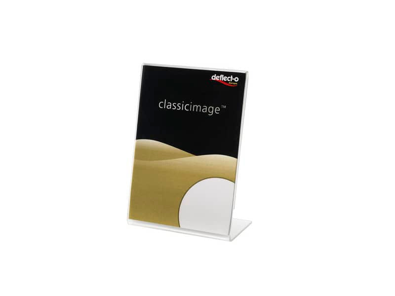 Porta-avvisi deflecto® A8 verticale in polistirene con base a L trasparente 480701
